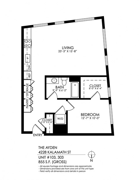 Floor plan for 1 bed, 1 bath, 845 sqft